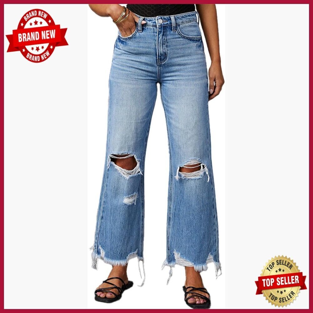 High-Rise Ripped Bell Bottom Jeans Boyfriend Wide Leg Distressed Denim Pants